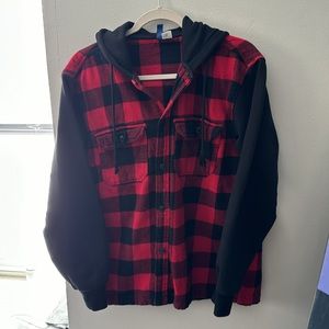 h&m dicided mens button up hoodie red/black flannel